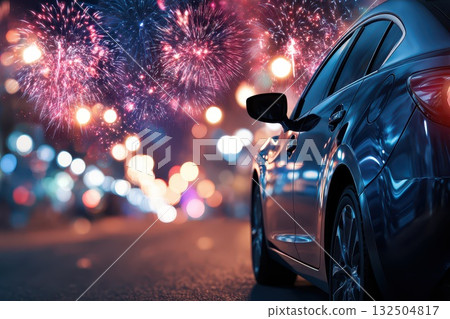 Celebrating with fireworks beside a stylish car Celebrating with fireworks beside a stylish car 132504817