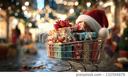 Festive store cart loaded with colorful holiday packages 132504879