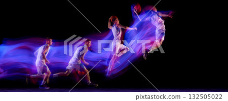 Basketball player motion sequence jumping with glowing red and blue light trails. Banner 132505022