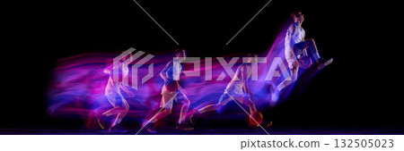 Basketball player in white uniform running and jumping with pink and blue motion trail. Banner Basketball player in white uniform running and jumping with pink and blue motion trail. Banner 132505023