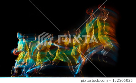 Basketball player sequence showing full jump motion with multicolor light streaks 132505025