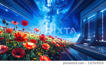 Sci-fi art that combines futuristic outer space with a field of red poppies 132505059