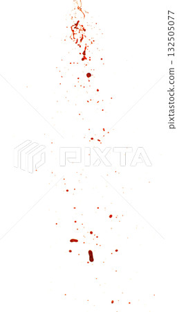 Photograph capturing a dramatic blood splash on a clean white background. The red liquid forms organic droplets and abstract shapes. 132505077