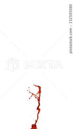 Photograph capturing a dramatic blood splash on a clean white background. The red liquid forms organic droplets and abstract shapes. 132505080