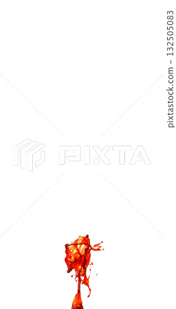 Photograph capturing a dramatic blood splash on a clean white background. The red liquid forms organic droplets and abstract shapes.  132505083