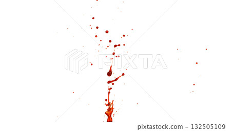 Photograph capturing a dramatic blood splash on a clean white background. The red liquid forms organic droplets and abstract shapes. Photograph capturing a dramatic blood splash on a clean white background. The red liquid forms organic droplets and abstract shapes. 132505109