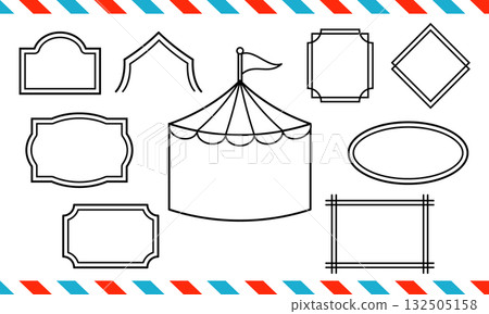 一組裝飾框架和馬戲團帳篷的單色插圖 一組裝飾框架和馬戲團帳篷的單色插圖 132505158