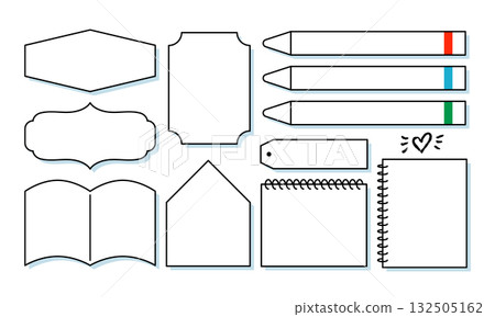 Stationery labels with pencil and notebook motifs_Simple shaded set Stationery labels with pencil and notebook motifs_Simple shaded set 132505162