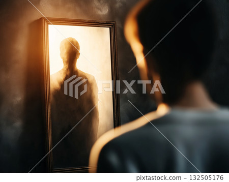 Mysterious silhouette reflected in a foggy mirror 132505176