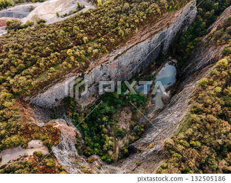 Aerial view of steep rocky canyon with small turquoise lake 132505186