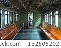 vintage train wagon interior with perspective view, retro carriage in classic design and cozy aged ambiance 132505202