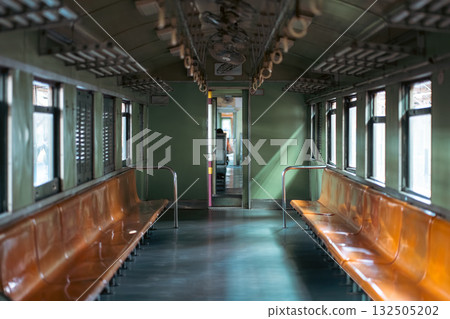 vintage train wagon interior with perspective view, retro carriage in classic design and cozy aged ambiance 132505202