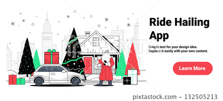 Santa ride hailing app Christmas city winter scene car gifts snowy house decorated trees urban background banner template Santa ride hailing app Christmas city winter scene car gifts snowy house decorated trees urban background banner template 132505213