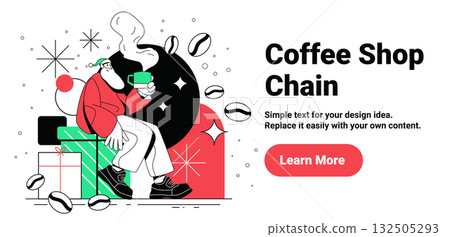 Santa coffee shop Christmas holiday scene modern Santa Claus sitting on gifts drinking coffee surrounded by beans abstract festive background website banner 132505293