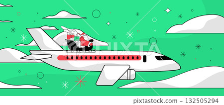 Santa Christmas travel airplane sleigh gifts sky modern festive scene with Santa riding sleigh on airplane surrounded by clouds and snowflakes Santa Christmas travel airplane sleigh gifts sky modern festive scene with Santa riding sleigh on airplane surrounded by clouds and snowflakes 132505294