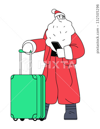 Santa travel Christmas holiday vacation concept modern Santa Claus holding suitcase and smartphone in red suit simple flat style isolated on white Santa travel Christmas holiday vacation concept modern Santa Claus holding suitcase and smartphone in red suit simple flat style isolated on white 132505296