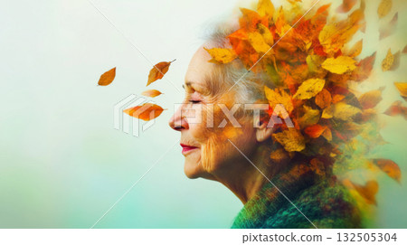 Surreal Portrait of Elderly Woman with Autumn Leaves in Hair 132505304