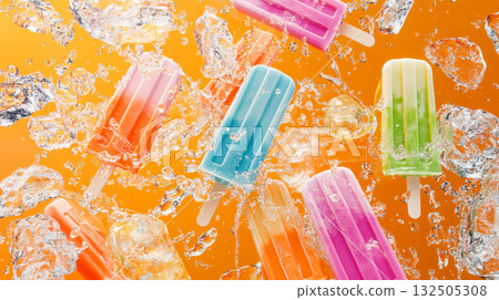 Colorful popsicles melting on a pink background 132505308