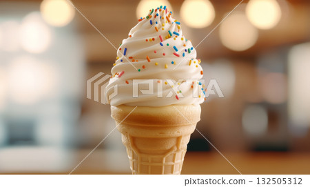 Delicious Soft Serve Ice Cream Cone with Colorful Sprinkles Delicious Soft Serve Ice Cream Cone with Colorful Sprinkles 132505312
