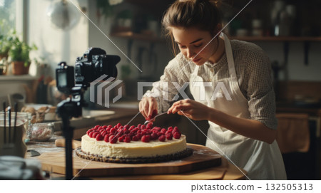 Woman Decorating Cake with Strawberries in Kitchen 132505313