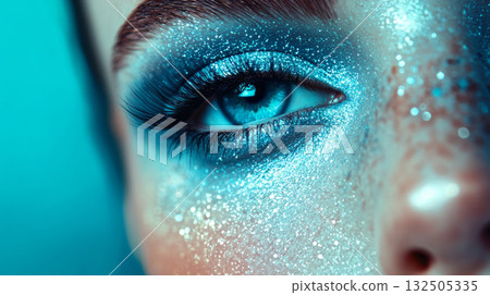 Glamorous Eye Makeup with Glitter and Bold Colors 132505335