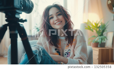 Smiling content creator recording a video in a cozy home studio 132505358