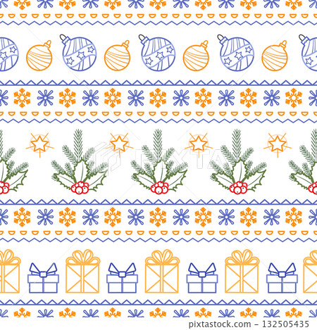 Christmas pattern with ornaments and gifts, intricate design ideal for festive backgrounds Christmas pattern with ornaments and gifts, intricate design ideal for festive backgrounds 132505435