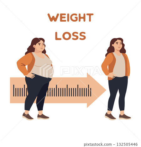 Weight loss concept showing before and after transformation with a measurement arrow background Weight loss concept showing before and after transformation with a measurement arrow background 132505446