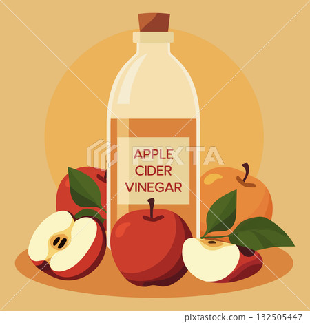Apple cider vinegar bottle with fresh apples and leaves, suitable for health and wellness themes 132505447