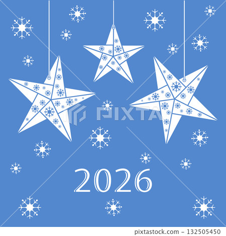 New Year stars and snowflakes on blue background with 2026 in decorative text New Year stars and snowflakes on blue background with 2026 in decorative text 132505450