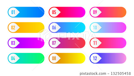 Collection arrows bullet point triangle flags isolated on white background. Colorful gradient markers. Number from 1 to 12. Vector Collection arrows bullet point triangle flags isolated on white background. Colorful gradient markers. Number from 1 to 12. Vector 132505458