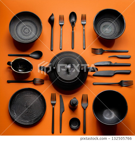 Elegant Black Kitchenware Against Vibrant Orange Elegant Black Kitchenware Against Vibrant Orange 132505766