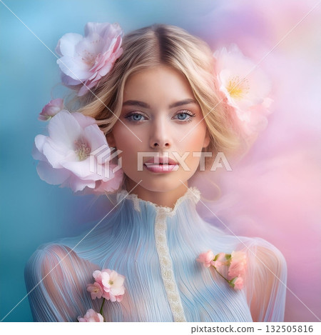 Dreamlike Woman in Pastel Cloudscape 132505816