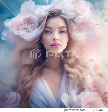 Dreamlike Woman in Pastel Cloudscape Dreamlike Woman in Pastel Cloudscape 132505820