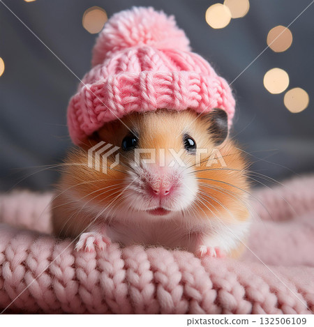 Adorable Hamster in Pink Knitted Hat 132506109