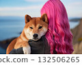 Shiba Inu and Woman Embrace by Sea 132506265
