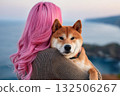 Shiba Inu and Woman Embrace by Sea 132506267