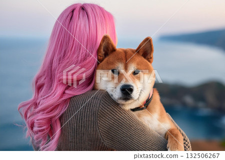 Shiba Inu and Woman Embrace by Sea 132506267