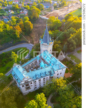 This breathtaking aerial view showcases Stranov Castle nestled in the lush landscape of Central Bohemia. The distinctive architecture and vibrant greenery create a picturesque scene. This breathtaking aerial view showcases Stranov Castle nestled in the lush landscape of Central Bohemia. The distinctive architecture and vibrant greenery create a picturesque scene. 132506272