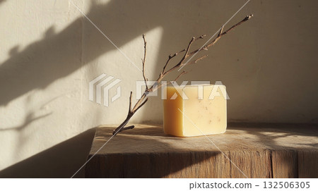 Handmade Natural Soap with Dried Branch in Warm Sunlight 132506305