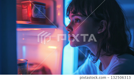 Curious Child Looking Into an Open Refrigerator at Night Curious Child Looking Into an Open Refrigerator at Night 132506313