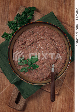 Red bean lobio,a traditional Georgian dish, on a wooden table, homemade, 132506490