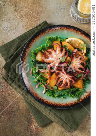 Warm salad, grilled mini octopus, with potatoes and fresh herbs, homemade,no people Warm salad, grilled mini octopus, with potatoes and fresh herbs, homemade,no people 132506491