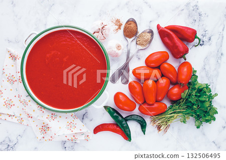 Georgian Satsebeli sauce, made from tomatoes and sweet peppers, with spices, homemade, no people, Georgian Satsebeli sauce, made from tomatoes and sweet peppers, with spices, homemade, no people, 132506495