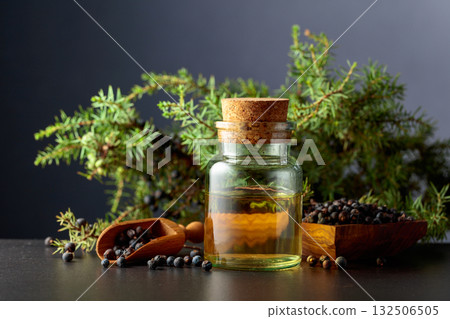 Juniper berry essential oil and branches with berries. 132506505