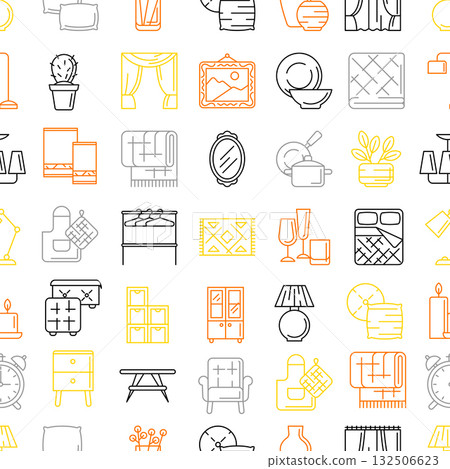 Home decor icons pattern. Domestic items thin line illustration. 132506623