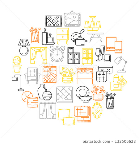 Home decor icons background. Domestic items thin line illustration. 132506628