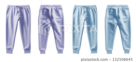 2 Set of pastel purple violet blue, front back view sweatpants jogger sports trousers bottom pants on transparent background, PNG file. Mockup template for artwork 2 Set of pastel purple violet blue, front back view sweatpants jogger sports trousers bottom pants on transparent background, PNG file. Mockup template for artwork 132506645