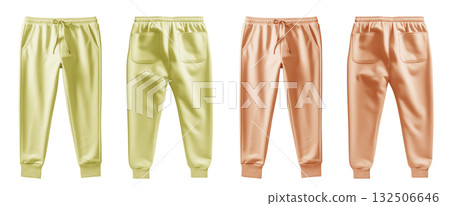 2 Set of pastel orange yellow, front back view sweatpants jogger sports trousers bottom pants on transparent background, PNG file. Mockup template for artwork 2 Set of pastel orange yellow, front back view sweatpants jogger sports trousers bottom pants on transparent background, PNG file. Mockup template for artwork 132506646