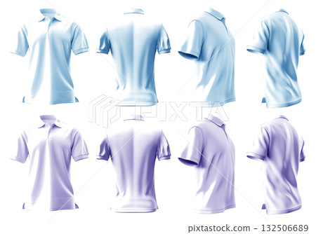 2 Set of pastel light violet purple blue front, back and side view collar polo tee shirt on transparent background cutout, PNG file. Mockup template for artwork graphic design 132506689